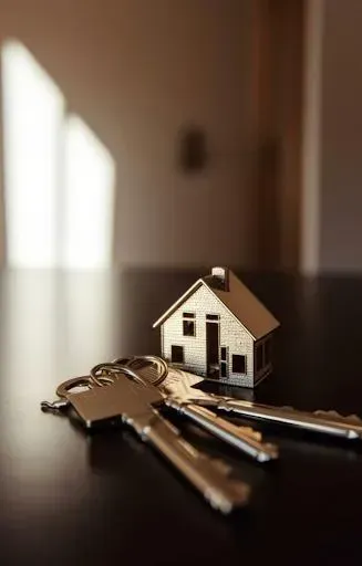 Keys in front of a small house model on a dark table, with sunlight in the background