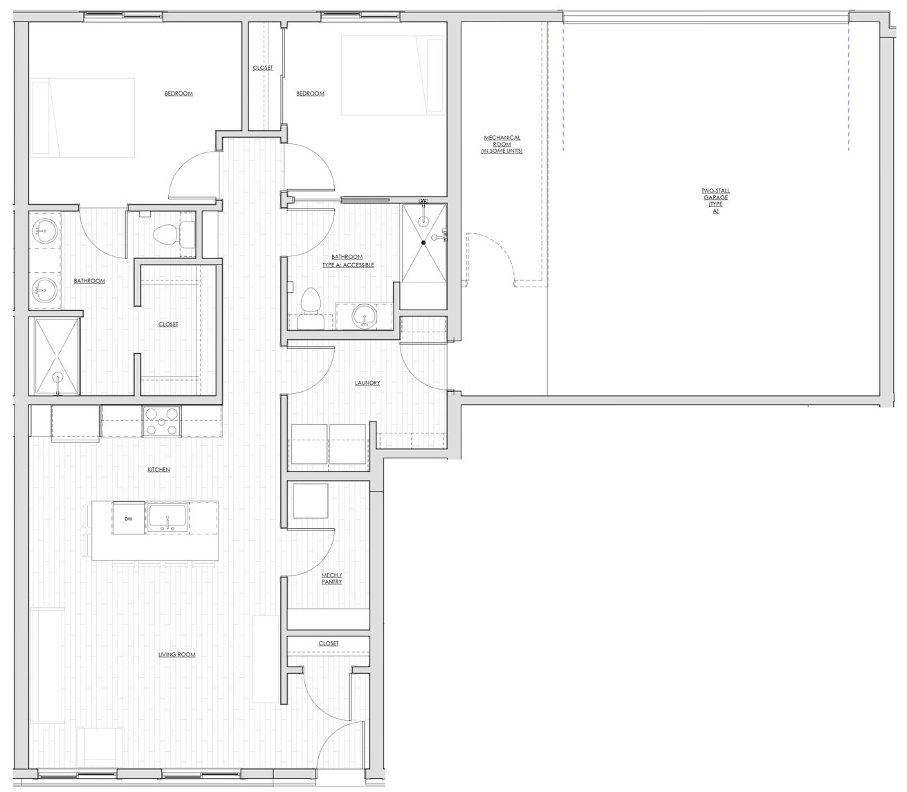 1580Main 2 bedroom floor plan, Black-and-white architectural floor plan of a house with multiple rooms and a large garage or open space