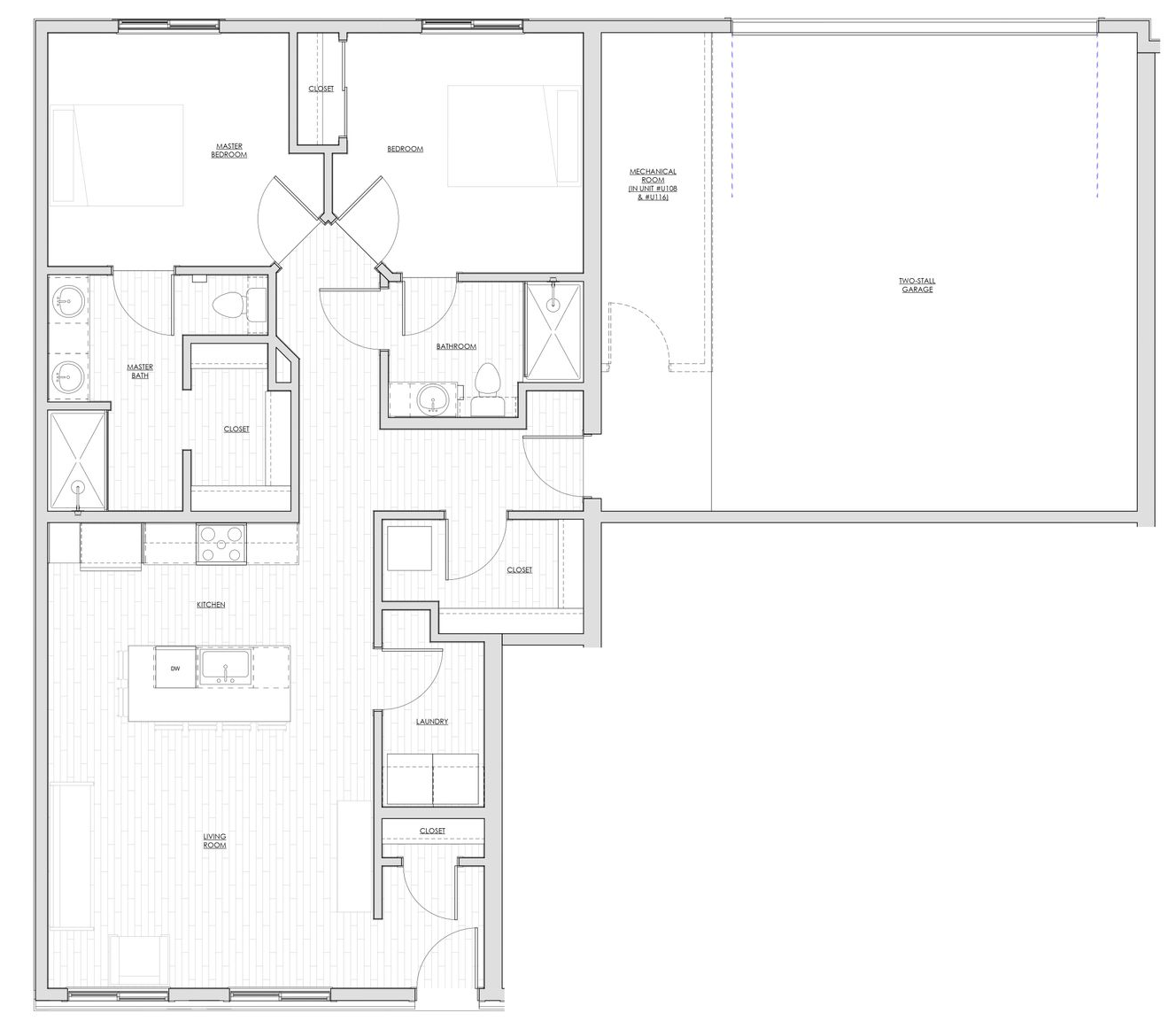 1580Main 2-bedroom floor plan, Black-and-white architectural floor plan of a house with multiple rooms and a large garage.