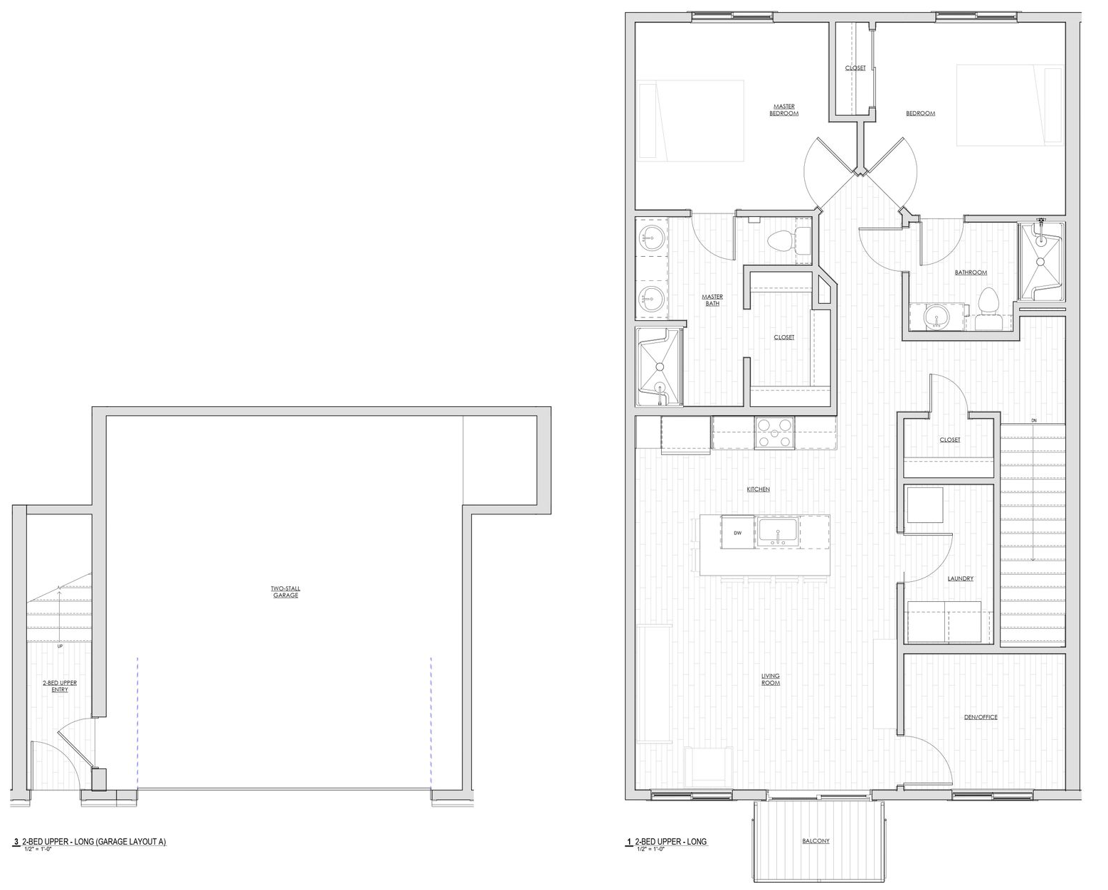 1580Main 2 bedroom 2 bath floor plan, Two black-and-white architectural floor plan drawings side by side, showing room layouts and dimensions