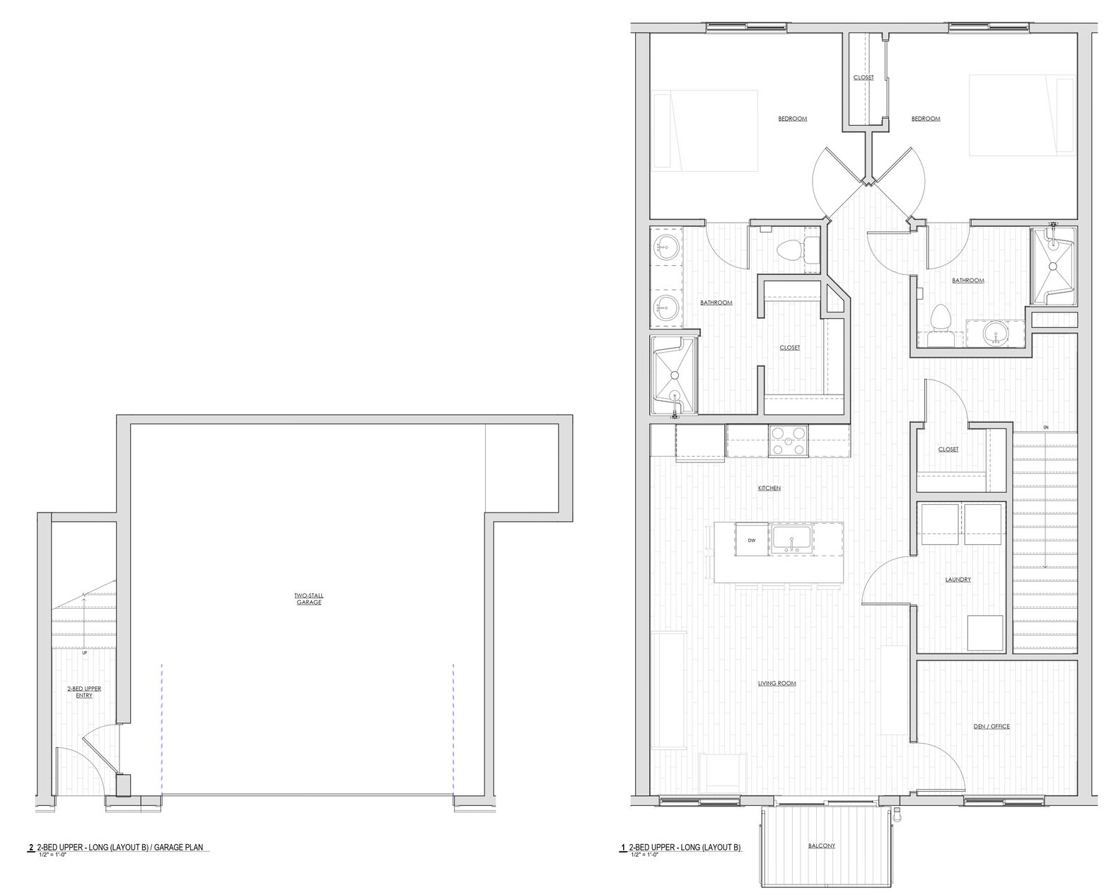 1580Main 2 bedroom 2.5 bath floor plan, Architectural floor plan sketch with two black-and-white layout drawings on a white background