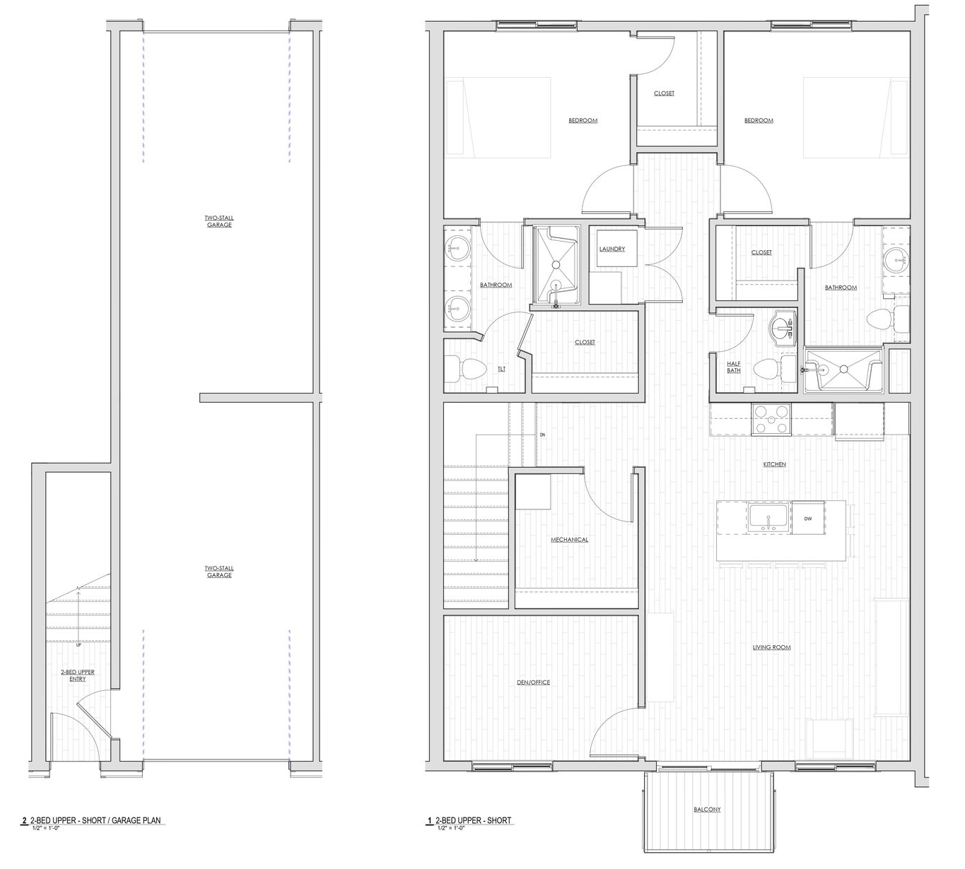 1580Main 2 bedroom 2 bath floor plan, Architectural floor plan showing two building layout diagrams with room labels and stairs