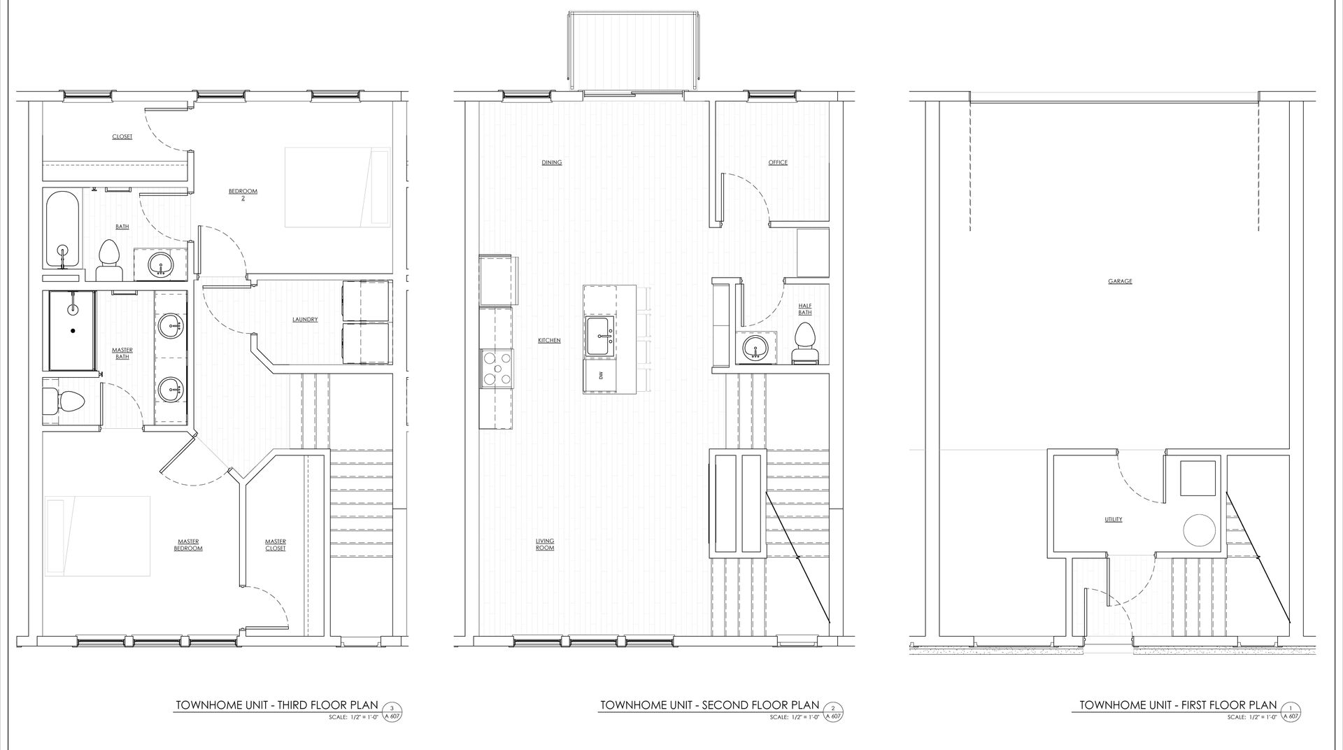 1580Main 2 bedroom 2.5 bath townhome floor plan, Black-and-white architectural floor plan with labeled rooms and staircases.