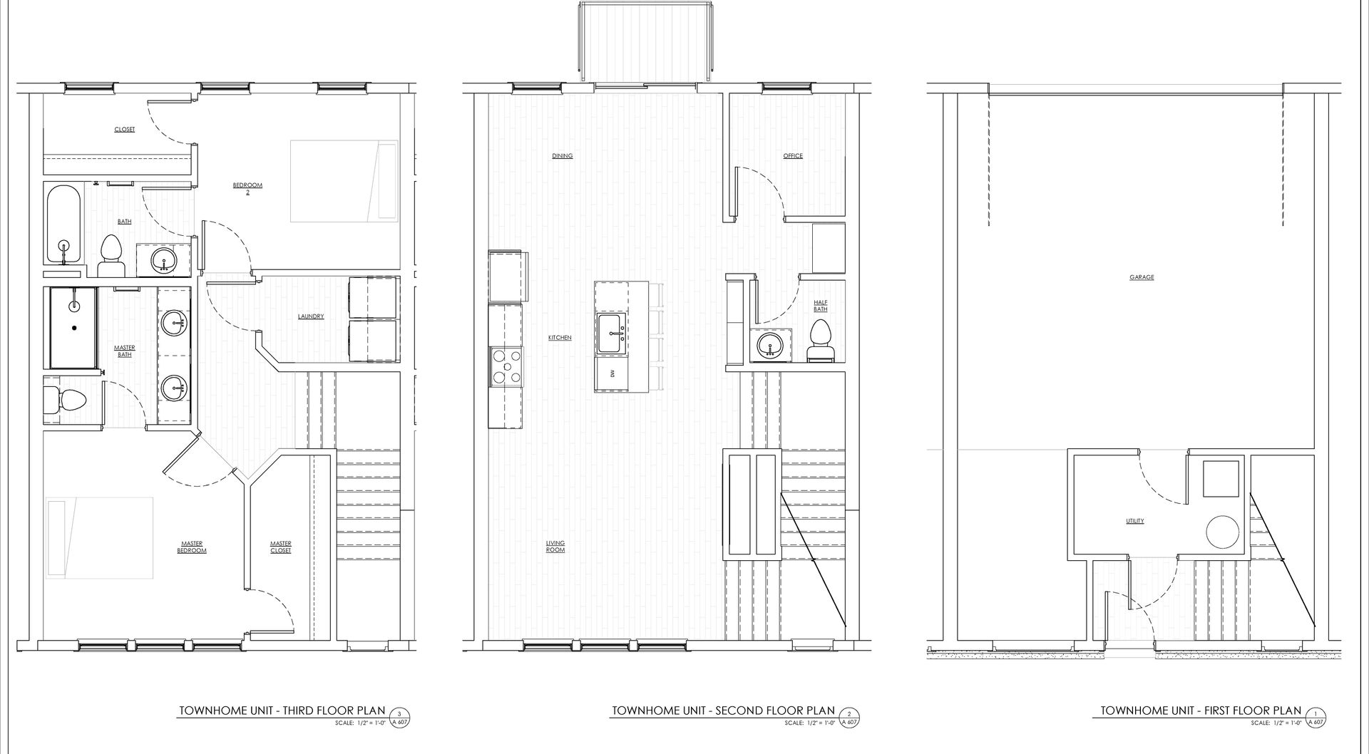 1580Main 2 bedroom 2.5 bath townhome floor plan, Black-and-white architectural floor plan with labeled rooms and staircases.