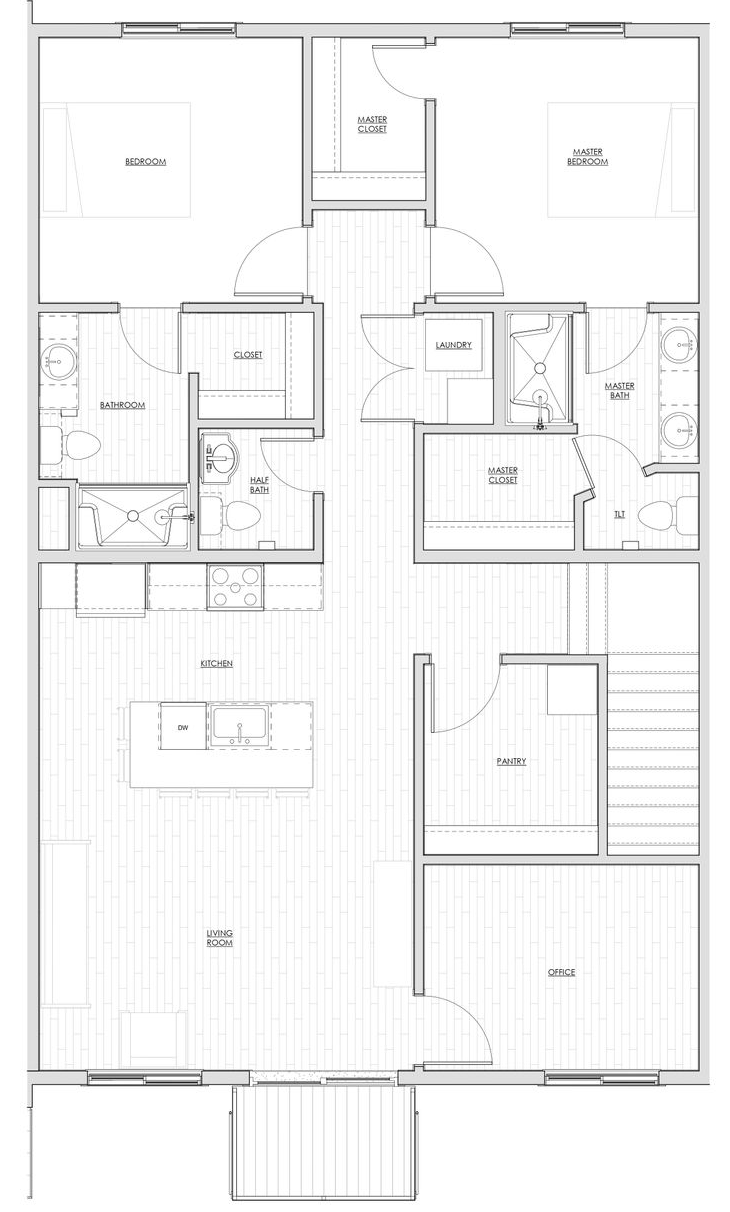 1580Main 2 bedroom floor plan, Black-and-white architectural floor plan of a multi-room house with stairs, bathrooms, and open living spaces