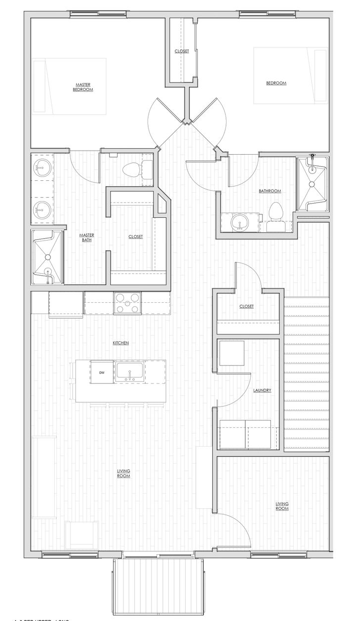 1580Main 2 bedroom 2.5 bath floor plan, Architectural floor plan of a house interior with labeled rooms and stairway