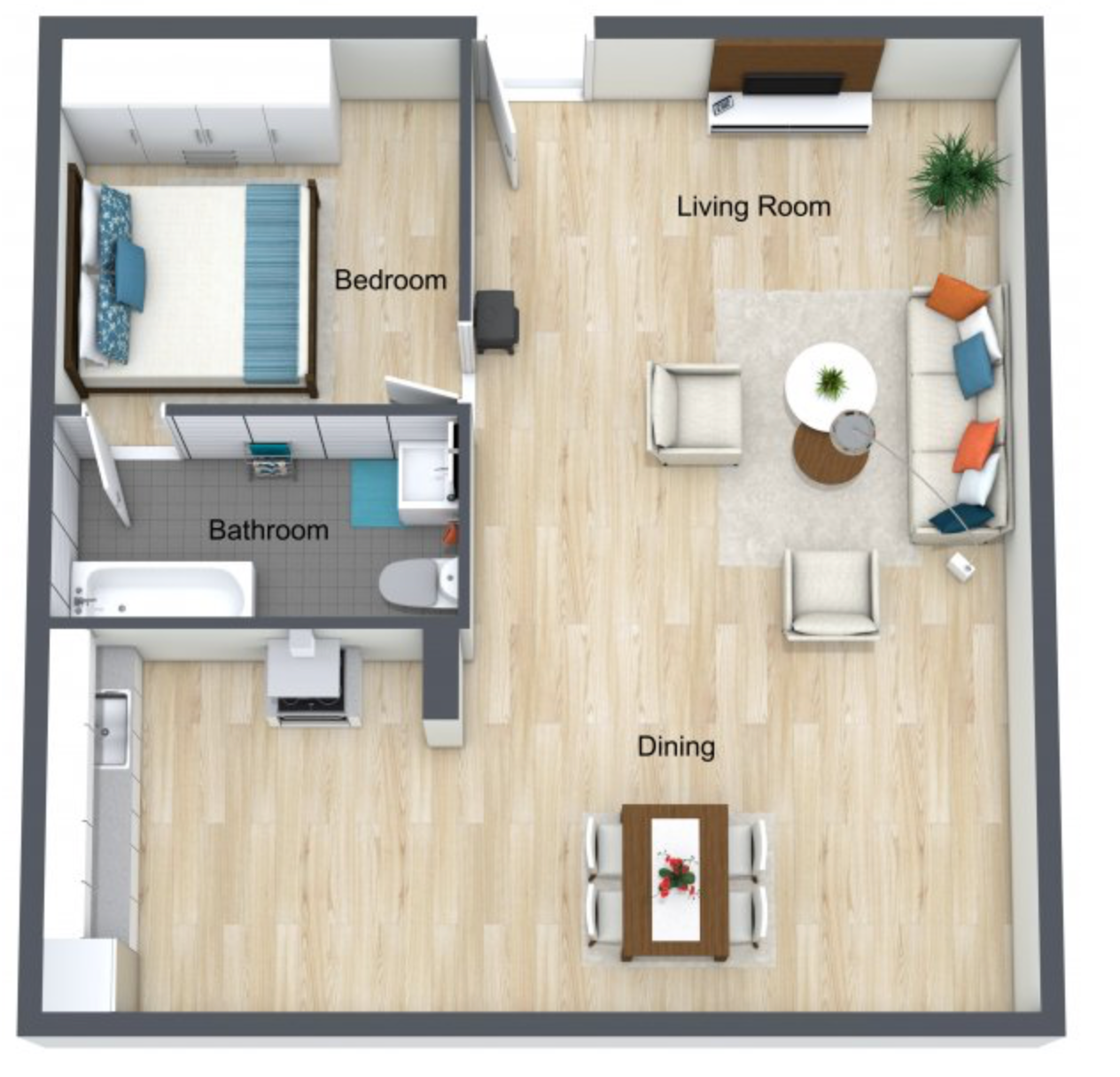Top-down floor plan of a small apartment with bedroom, bathroom, living room, and dining area