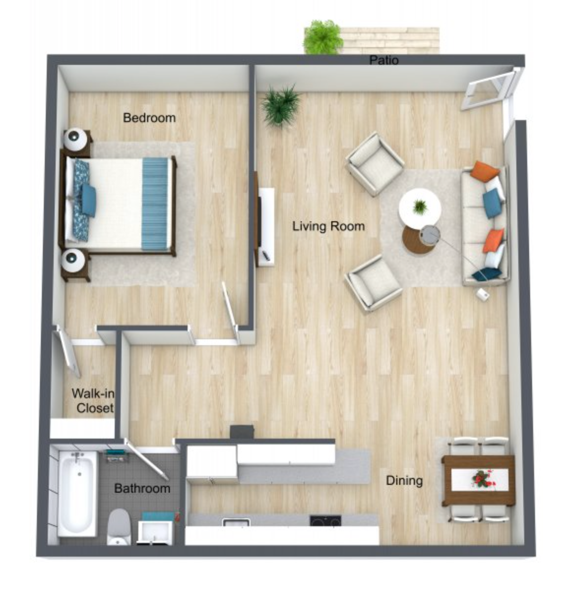 Top-down floor plan of a one-bedroom apartment with bedroom, living room, dining area, bathroom, and walk-in closet