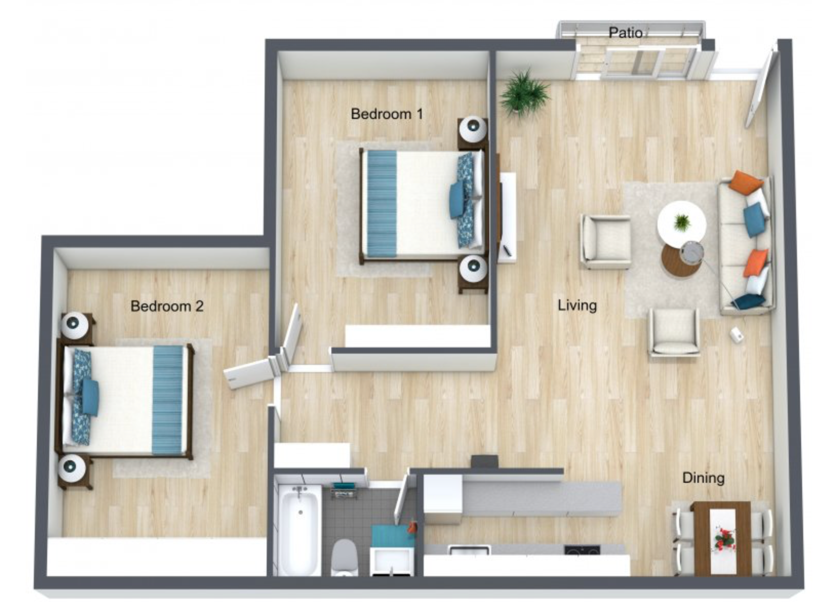 Top-down floor plan of a two-bedroom apartment with living, dining, kitchen, and bathroom areas