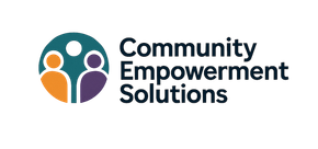 Logo for Community Empowerment Solutions: Three stylized people in a teal circle, orange and purple, with white text.