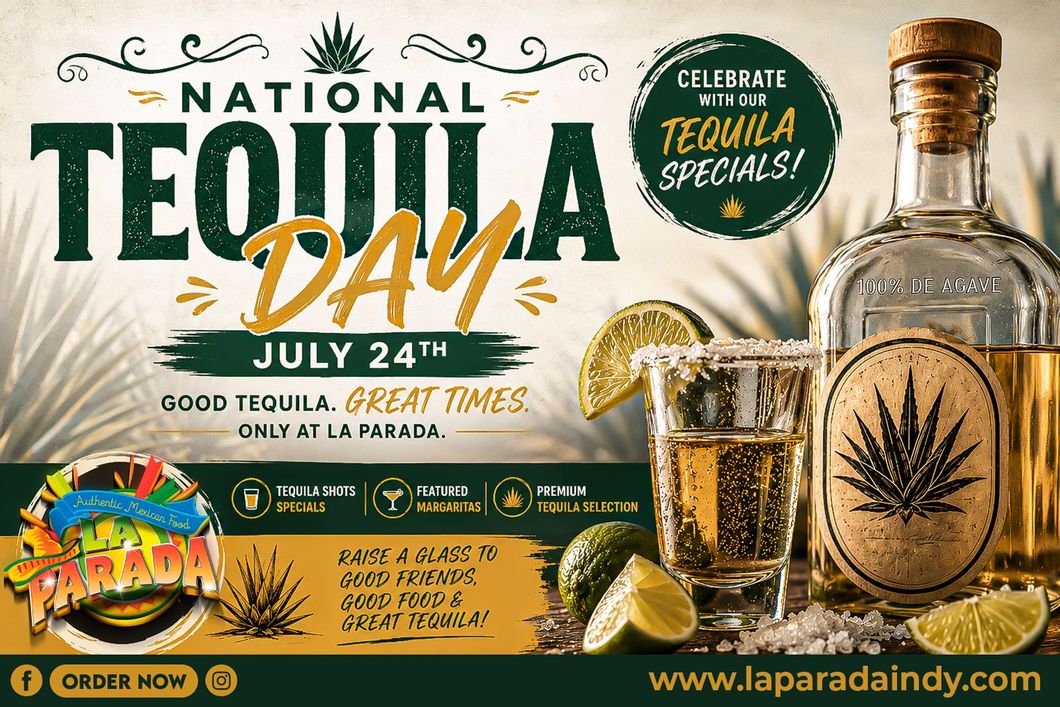 National Tequila Day poster with tequila bottle, lime, and green-gold festive design, July 24th sale details
