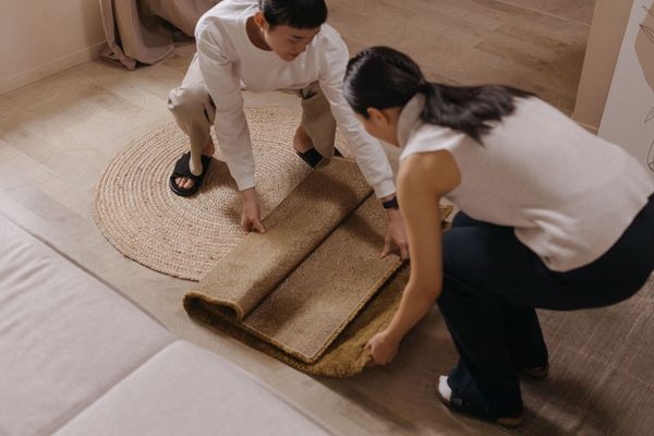 Two people rolling up a woven rug on a carpeted floor indoors.