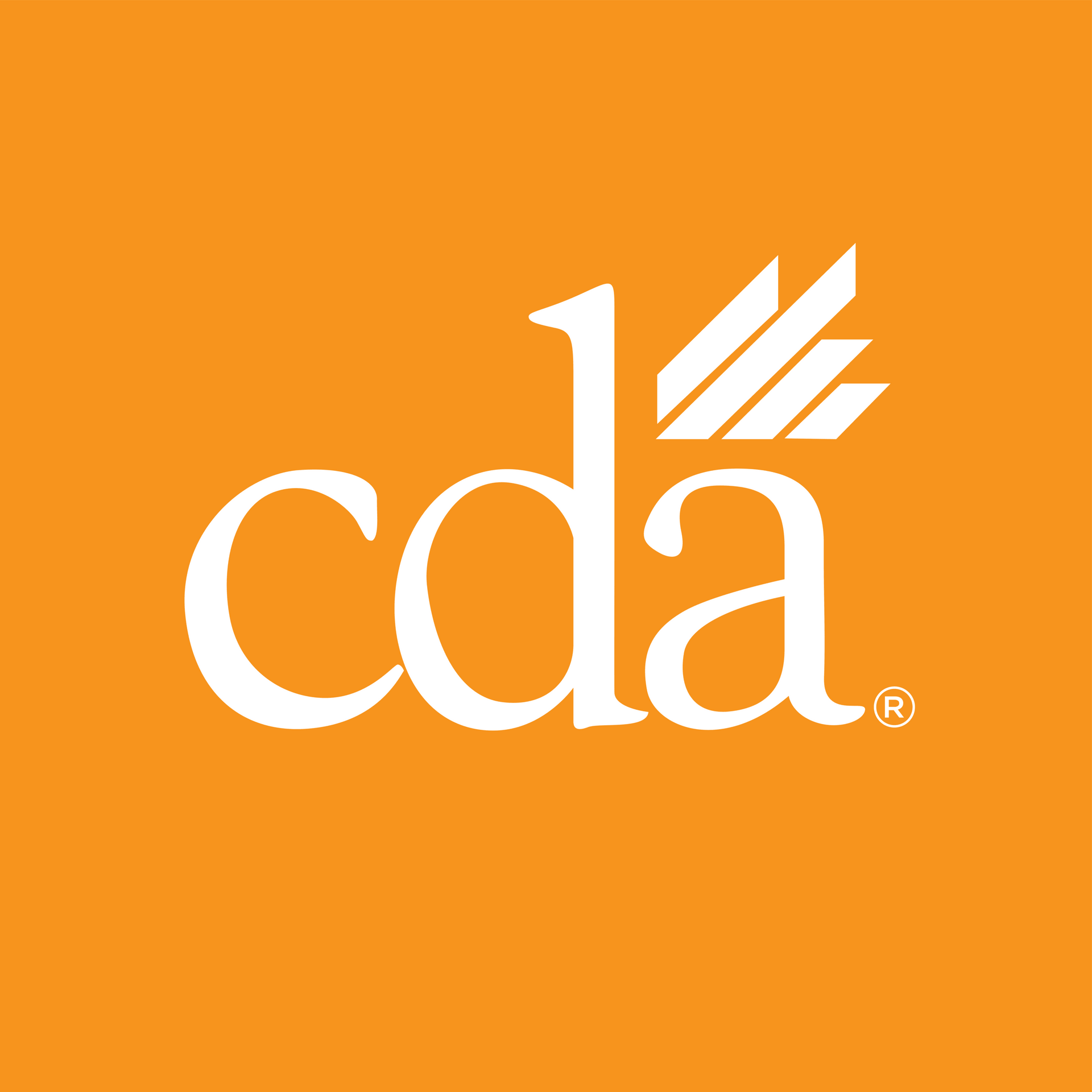 A white cda logo on an orange background