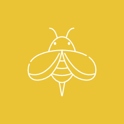White line drawing of a bee on a yellow background.