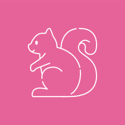White outline of a squirrel on a pink background.