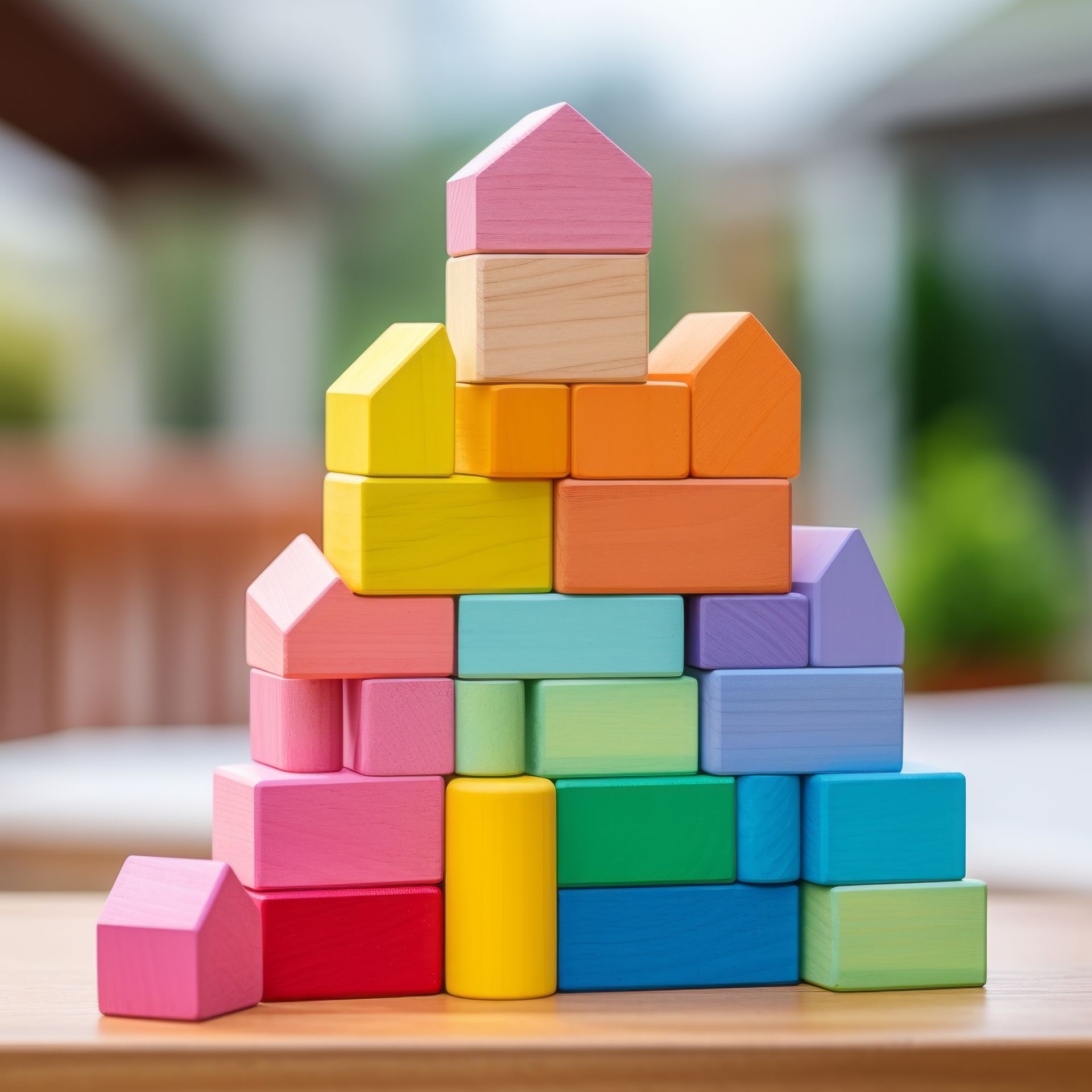 Stack of colorful wooden building blocks shaped like houses, on a table.