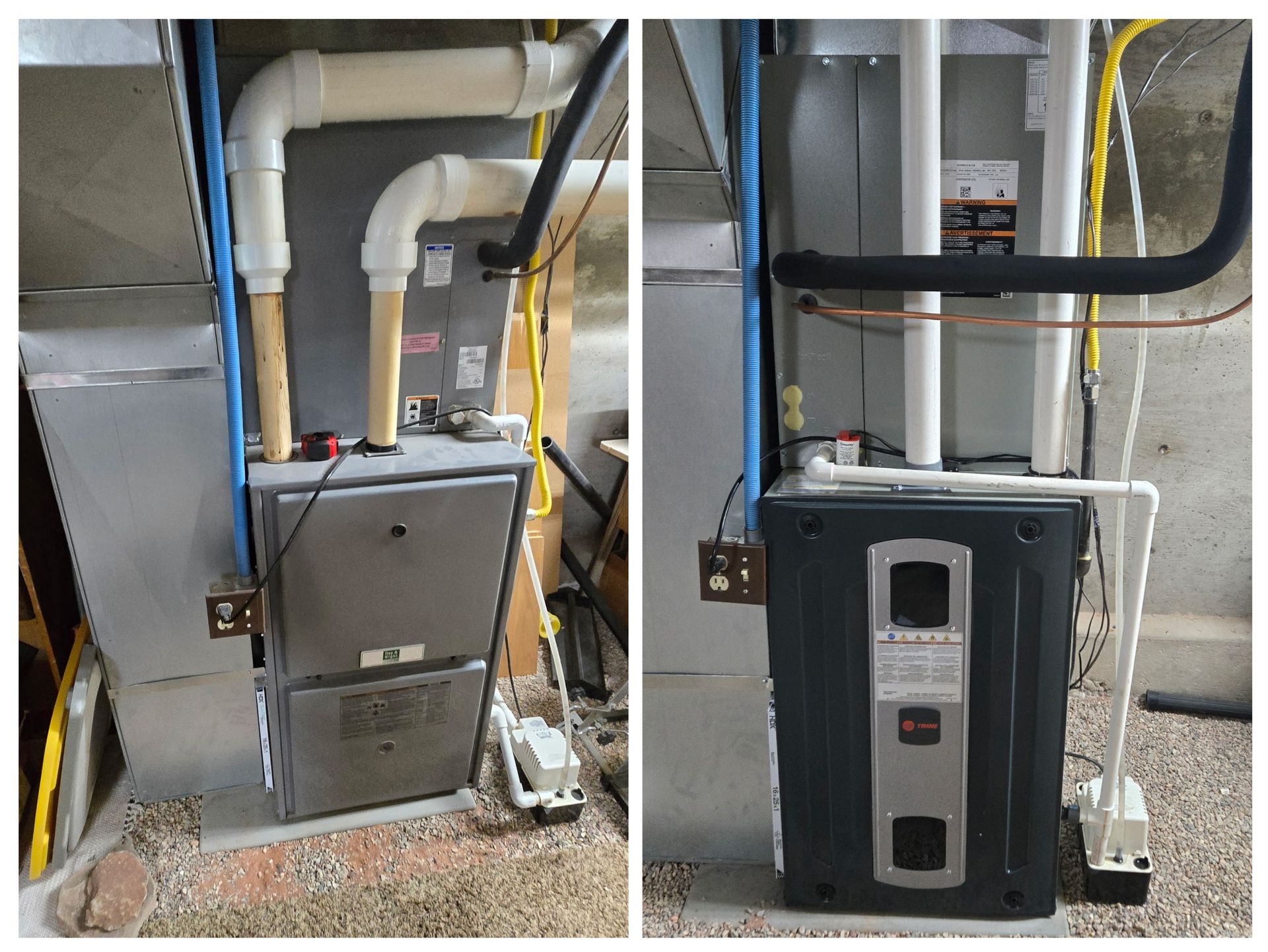 Furnace and HVAC ductwork in a utility closet, with white and black pipes and exposed insulation.