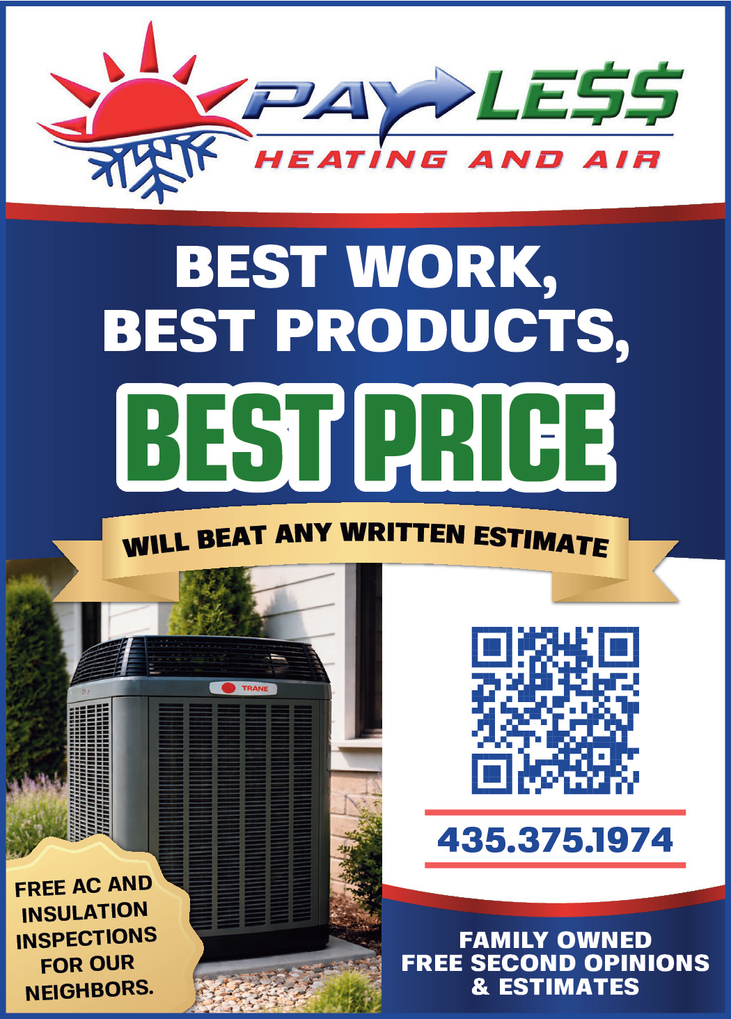 PayLess Heating and Air ad with furnace, QR code, and “Best Price” promotion