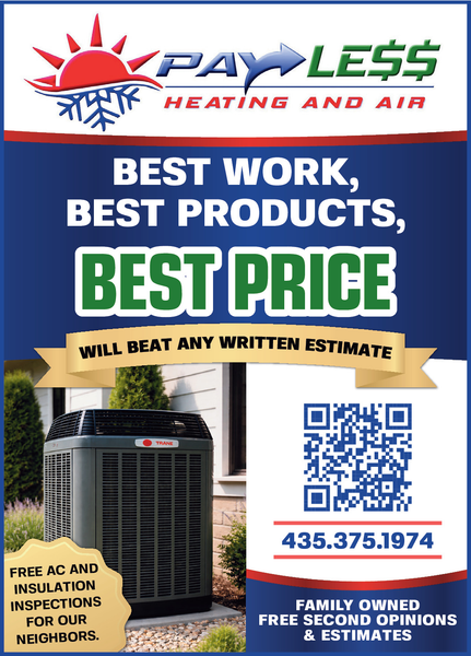 PayLess Heating and Air ad with furnace, QR code, and “Best Price” promotion