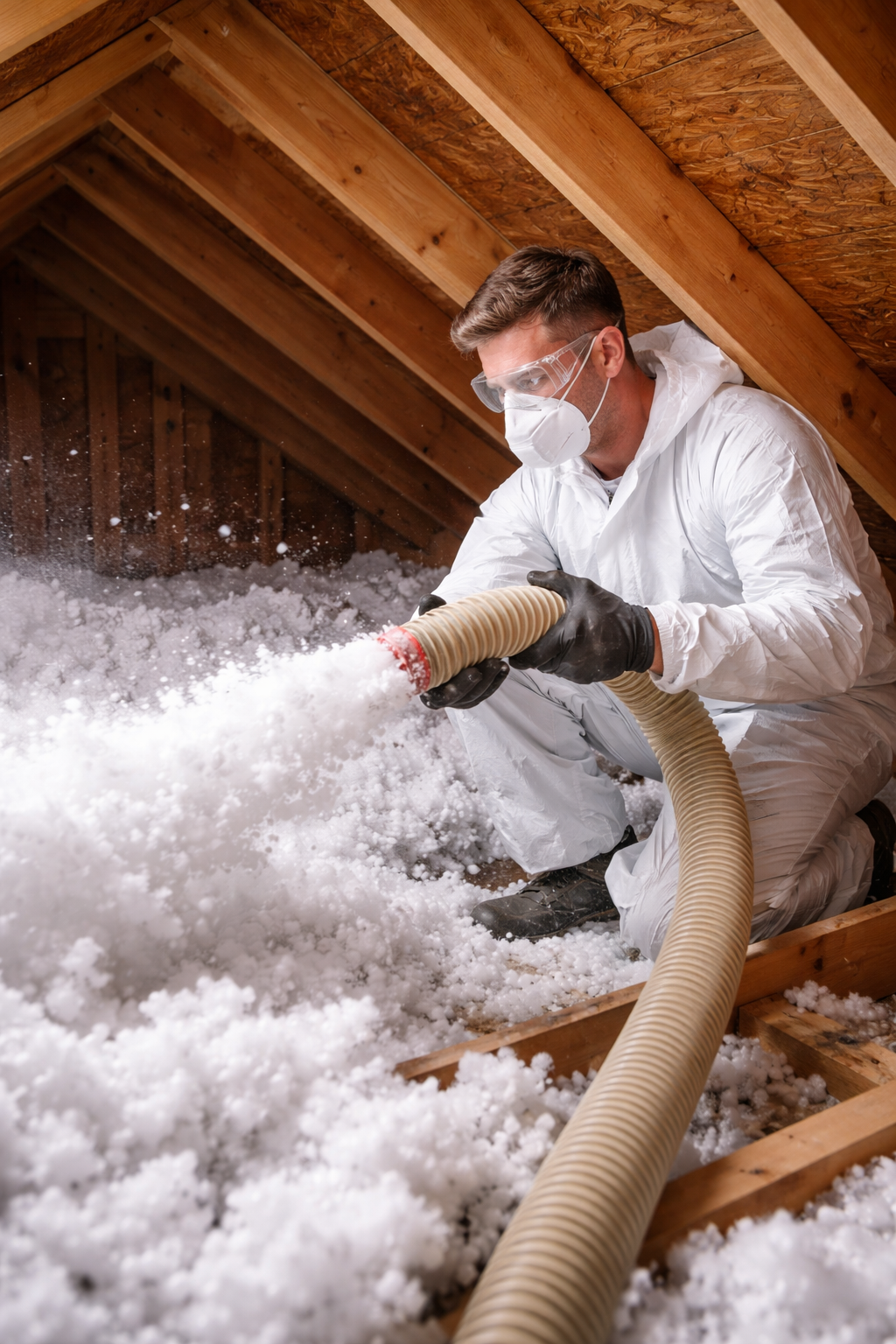 Worker in attic insulation suit blowing white insulation into exposed wooden rafters