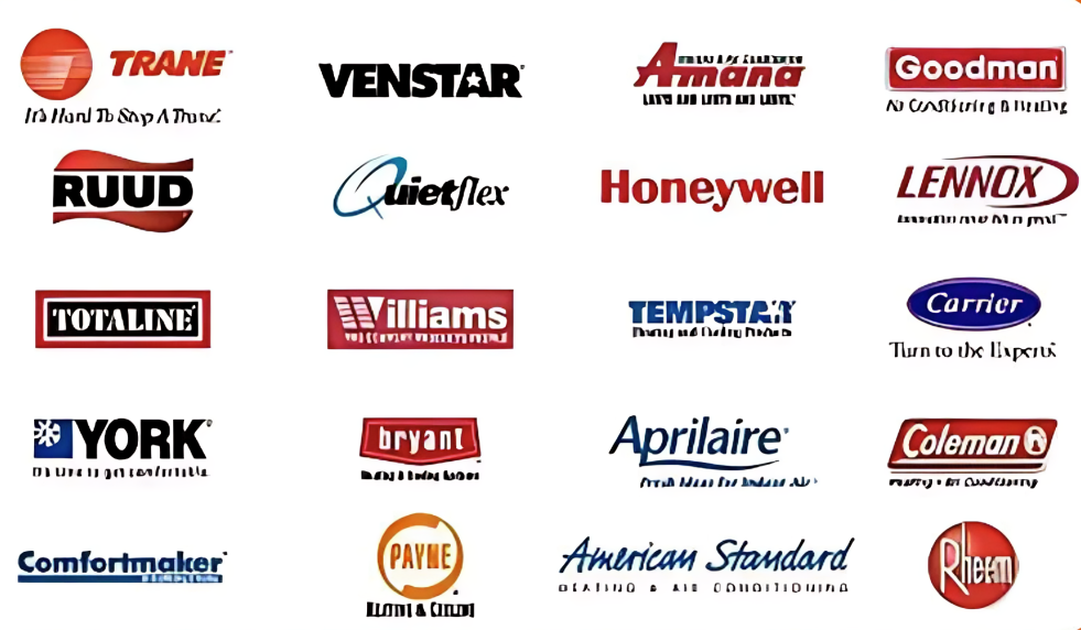 HVAC brand logos collage on a white background, including Trane, Lennox, Carrier, Honeywell, Goodman, and York