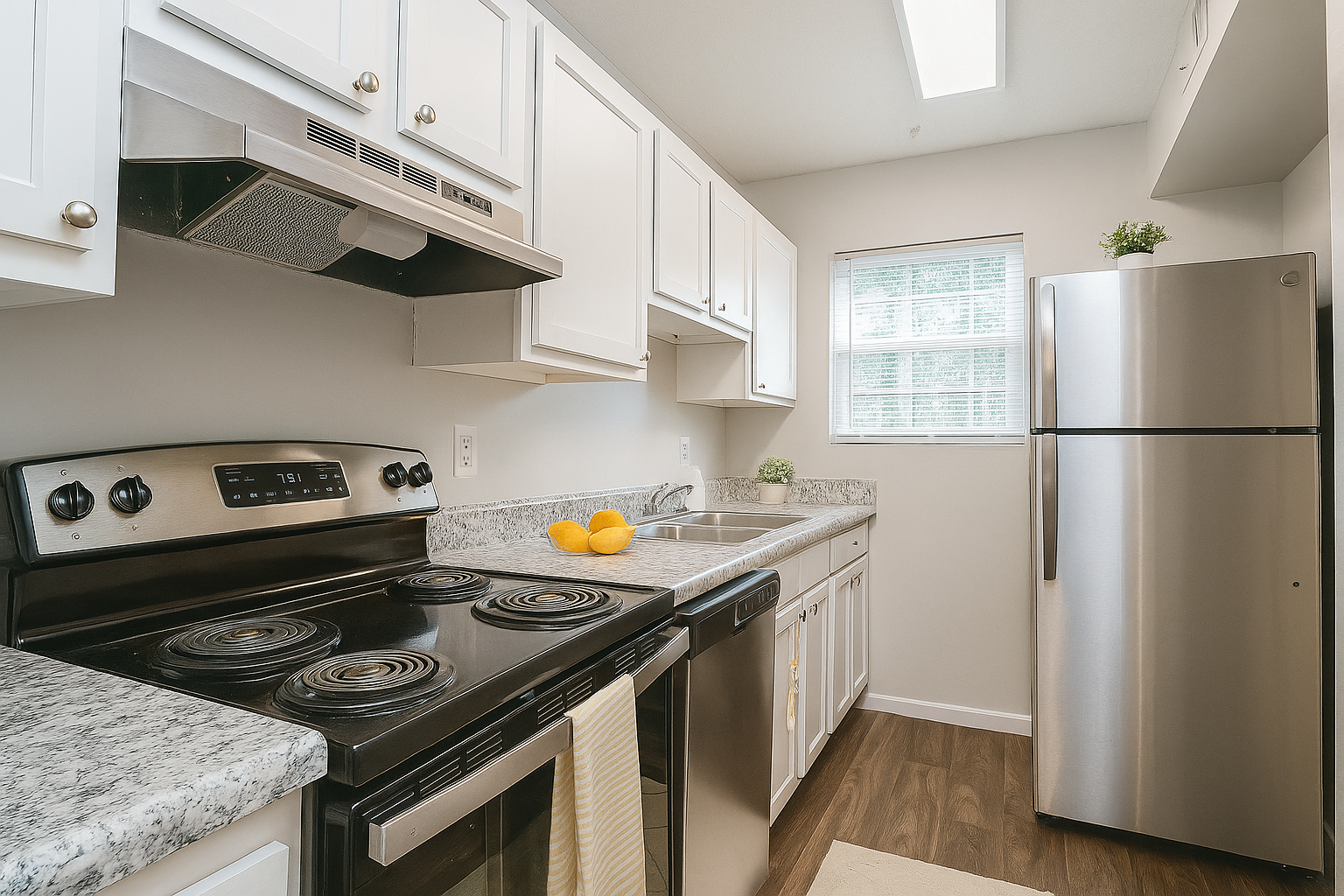 Kitchen with white cabinets, stainless steel appliances, and granite countertops.