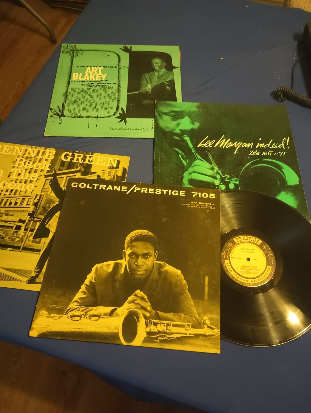 Jazz LPs from a Valley collection: John Coltrane on Prestige 7105, Art Blakey and Lee Morgan on Blue Note, and Bennie Green