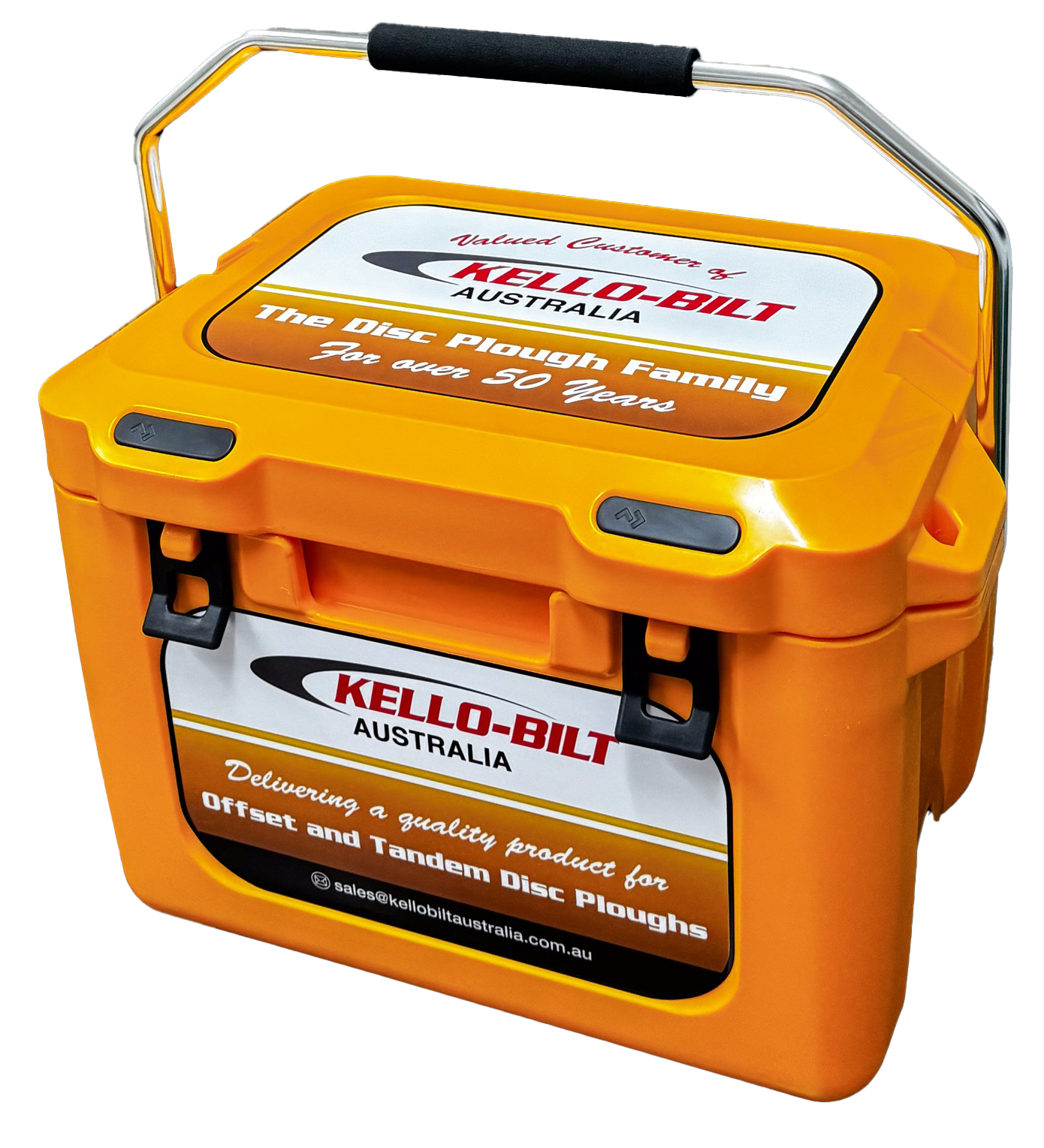 Orange portable first aid kit case with handle and label, shown closed on a white background