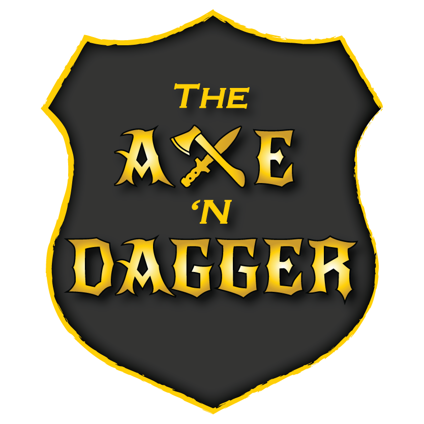Dark shield logo with gold text reading “The Axe ’n Dagger” and crossed axes behind the word Axe