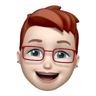 Smiling cartoon avatar with red glasses and short brown hair on a white background