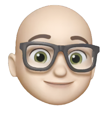 Smiling cartoon face with glasses, brown hair, and a beard on a white background