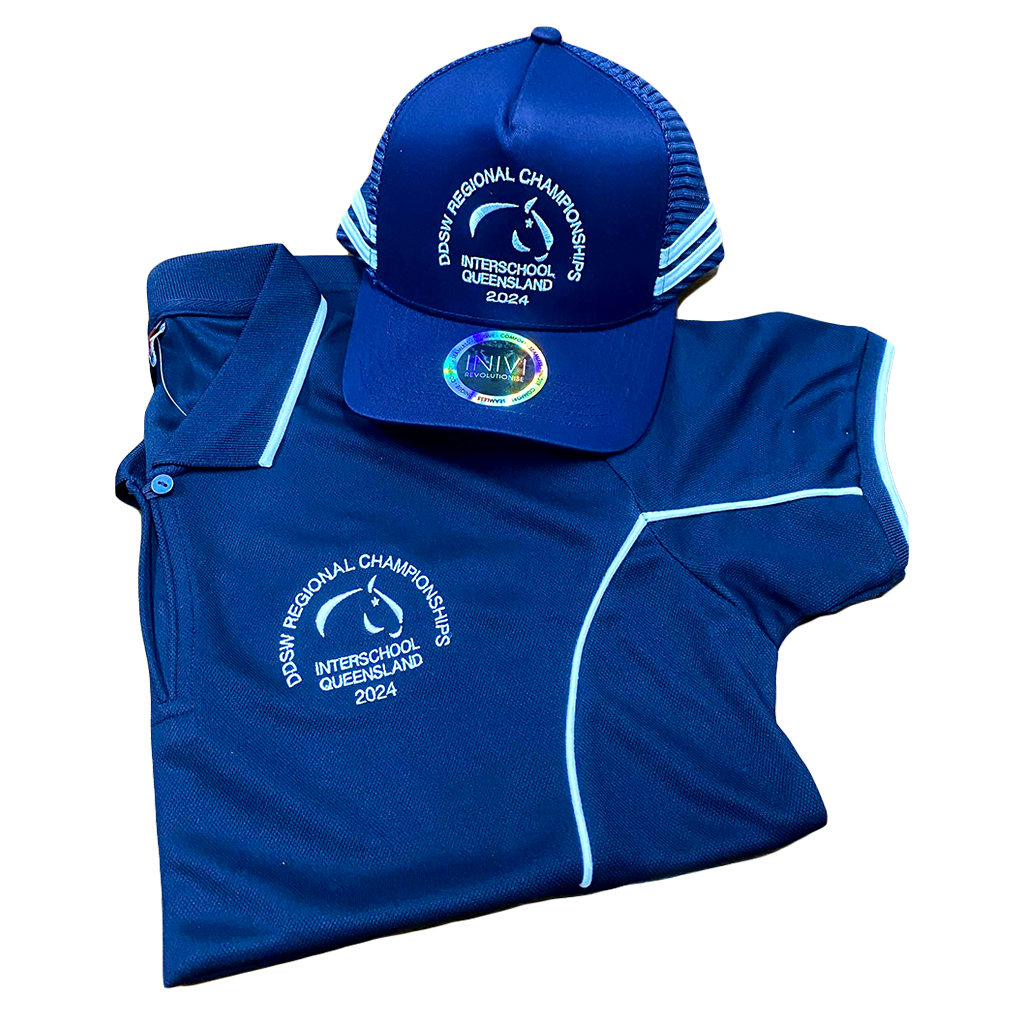 Blue shirt and matching cap with white trim and circular event logo.