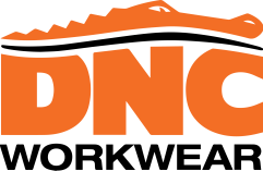DNC Workwear logo in orange and black with a stylized orange vehicle above the text