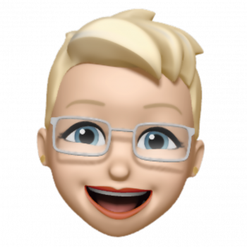 Smiling blonde emoji face with glasses and an open mouth