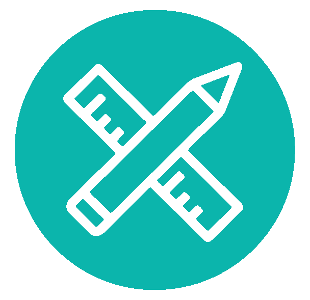 Turquoise circle with crossed ruler and pencil icon in white