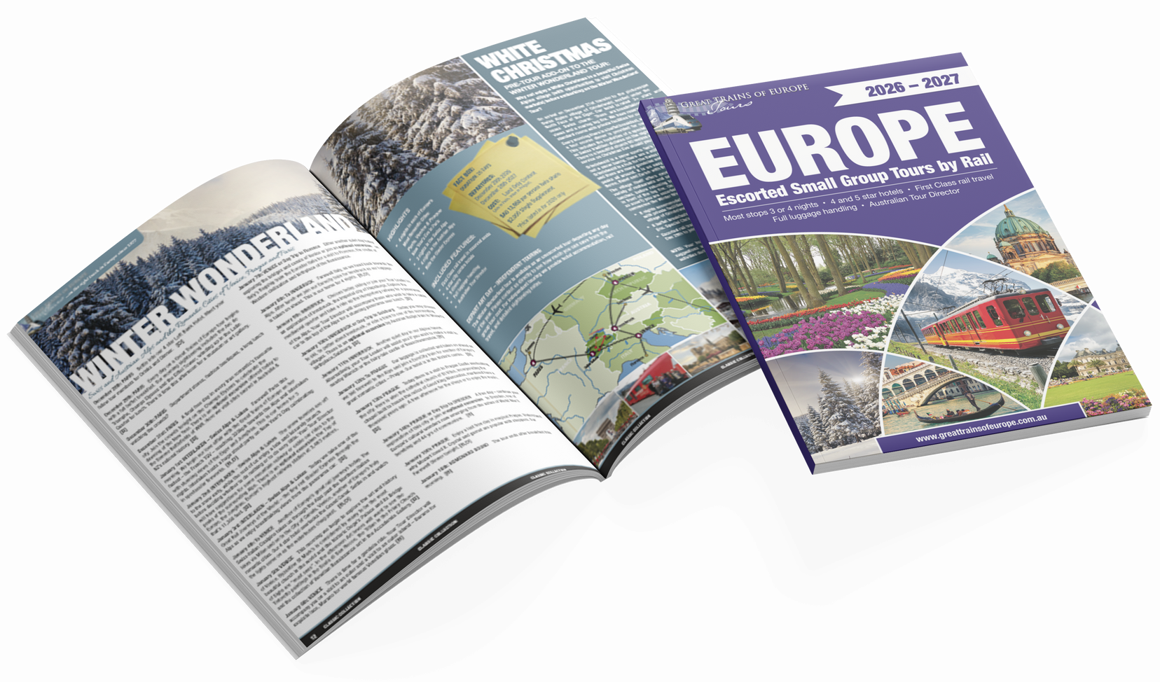 train touring brochure image with front cover and inside spread