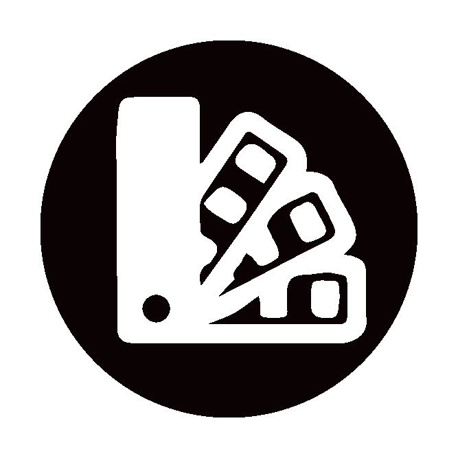 Black circle icon with a white fan of cosmetic makeup brushes or swatches