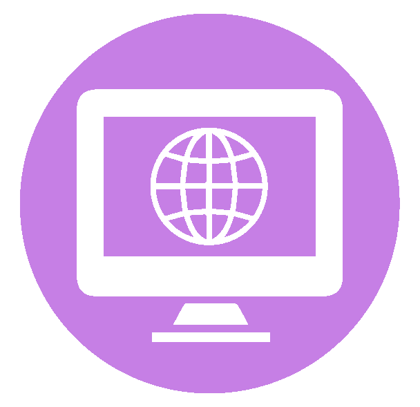 Purple circular icon with a white computer monitor and globe symbol on the screen.