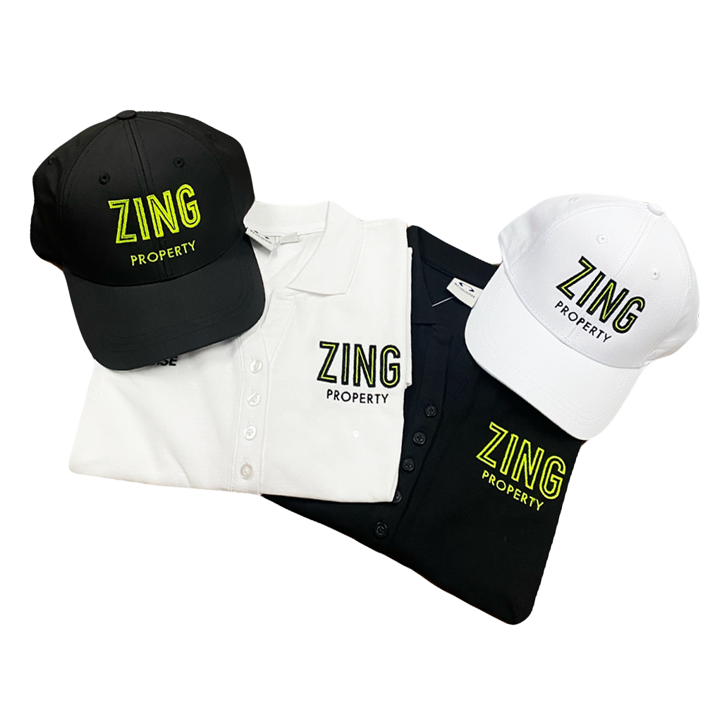 ZING-branded black, white, and black-and-white clothing set with matching caps