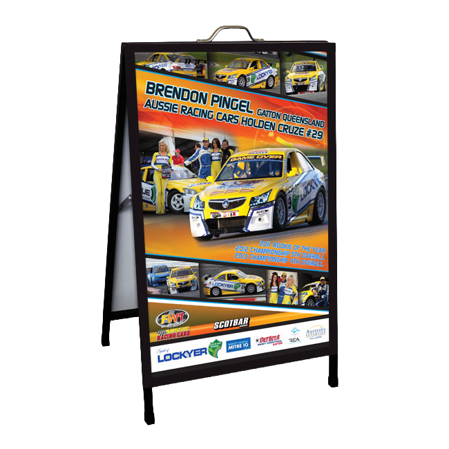 Brendon Pinkel NASCAR poster on a black A-frame sign, with yellow race cars and sponsor logos