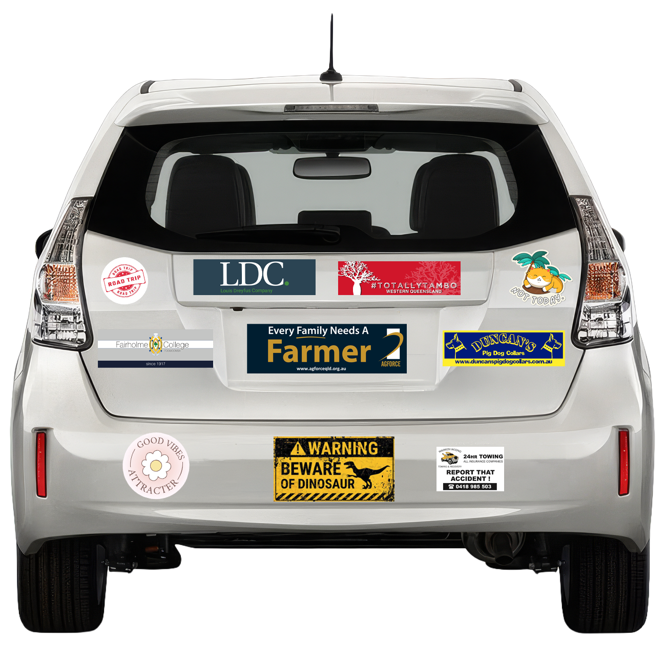 Rear view of a white SUV covered with colorful business and service advertisement stickers.