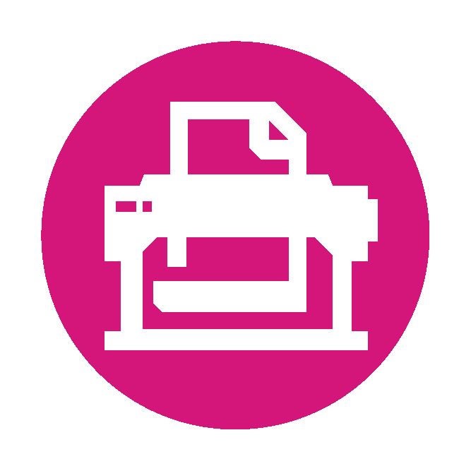 White printer icon in a magenta circle