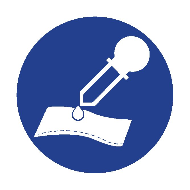 Blue circular icon showing a dropper dispensing liquid onto a white cloth or paper patch