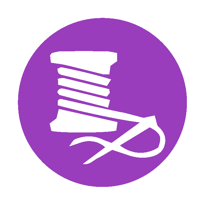 Purple circle logo with white spool of thread and needle graphic