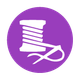 Purple circle with white sewing thread spool and needle icon