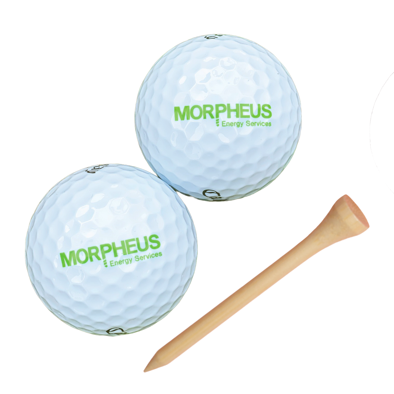 Two white MORPHEUS custom golf balls and a wooden tee on a white background
