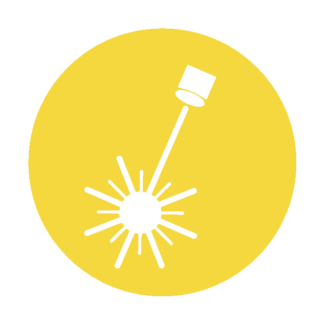 Yellow circular icon of a laser beam striking an object, creating a burst of light