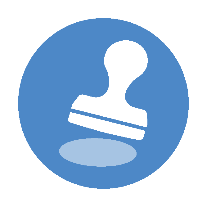 Blue circular icon with a white rubber stamp and light gray shadow.