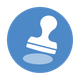 Blue circular icon with a white rubber stamp and shadowed base