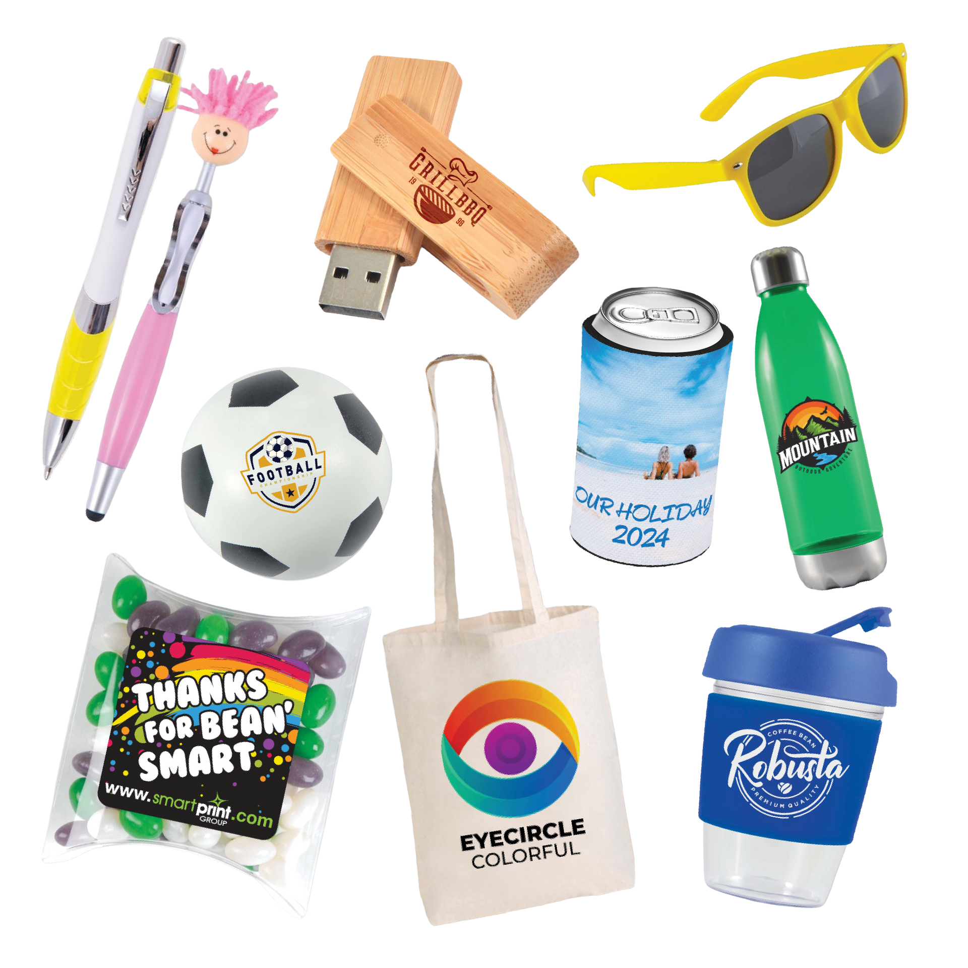 Assorted eco-friendly school and office items: pens, USB drive, sunglasses, soccer ball, tote, mug, and bottle.